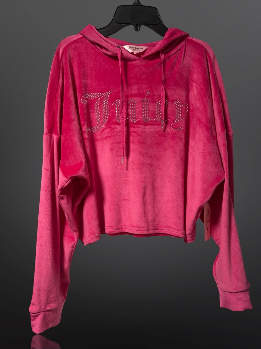 Juicy Couture Hot Pink Rhinestone Logo Velour Cropped Hoodie
